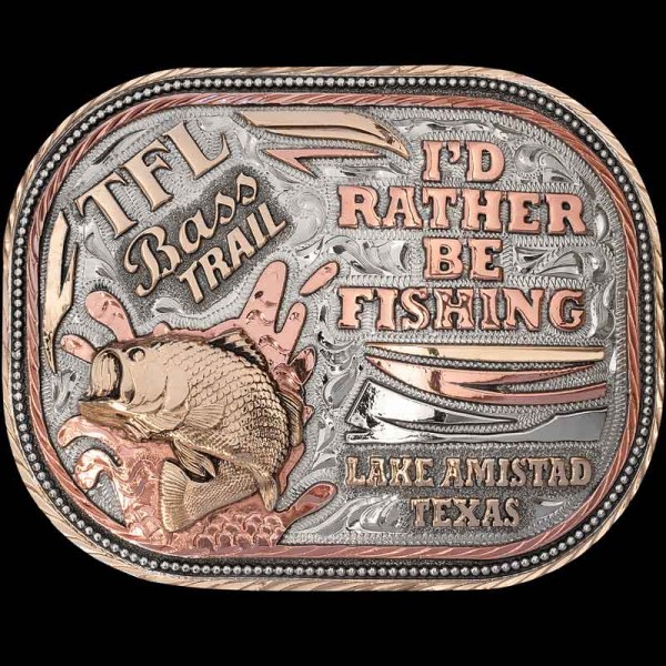 The Lake Amistad Belt Buckle is a unique square buckle designed for hunting and fishing fans on a german silver base and jewelers' bronze and copper lettering. Customize it today!